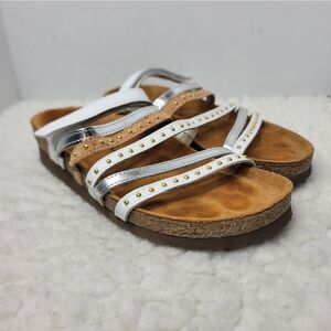Naot Prescott Womens Slide Sandal Size 7.5 Silver White Tan Studded Straps Shoes